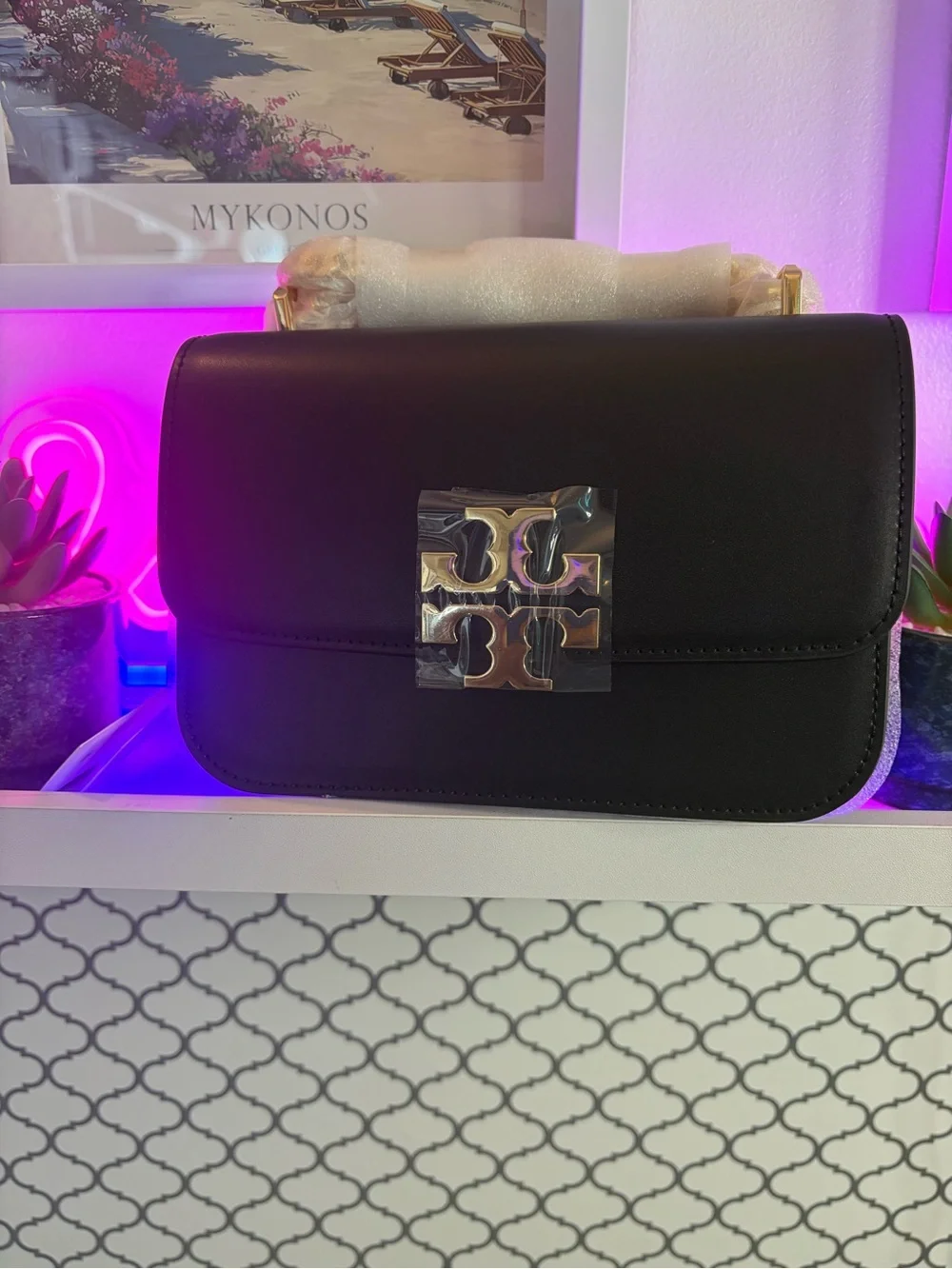 Tory Burch Black Leather Shoulder Bag with Gold Logo Plaque